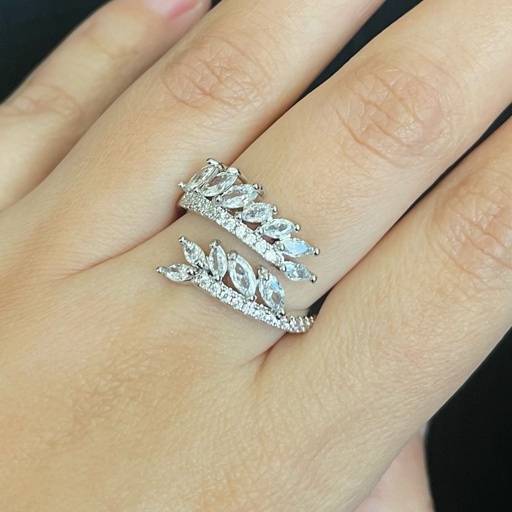 Silver Tone Adjustable Double Vine Cz Statement Chunky Ring